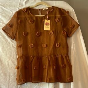 NWT Entro Brown Sheer Top with puffs and layer